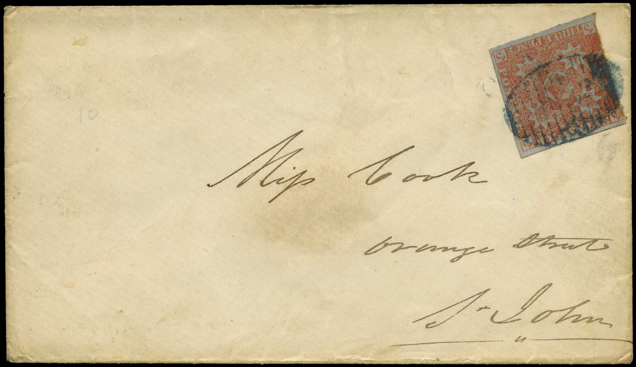 1855 internal cover to St Johns franked by...