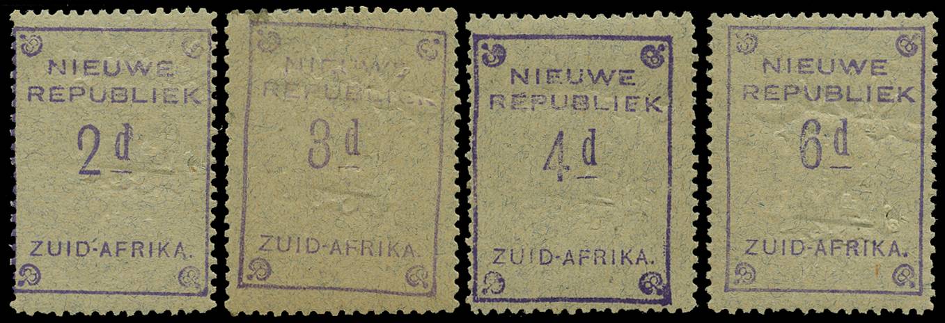 NEW REPUBLIC SG 73b, 74c, 75c, 76a 1887 2d, 3d, 4d, 6d BLUE GRANITE UNDATED EMBOSSED ARMS INVERTED LPOG