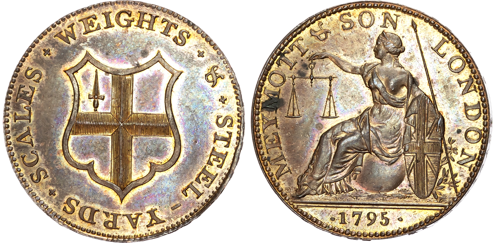 London, Bishopsgate, Clement & Samuel Meymott (scale-makers) Halfpenny 1795, Britannia seated left holding pair of scal …