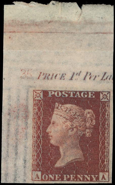 GB: 1856 1d deep red brown plate 35, superb u/l corner marginal imperforate imprimatur SG 29var Pl...
