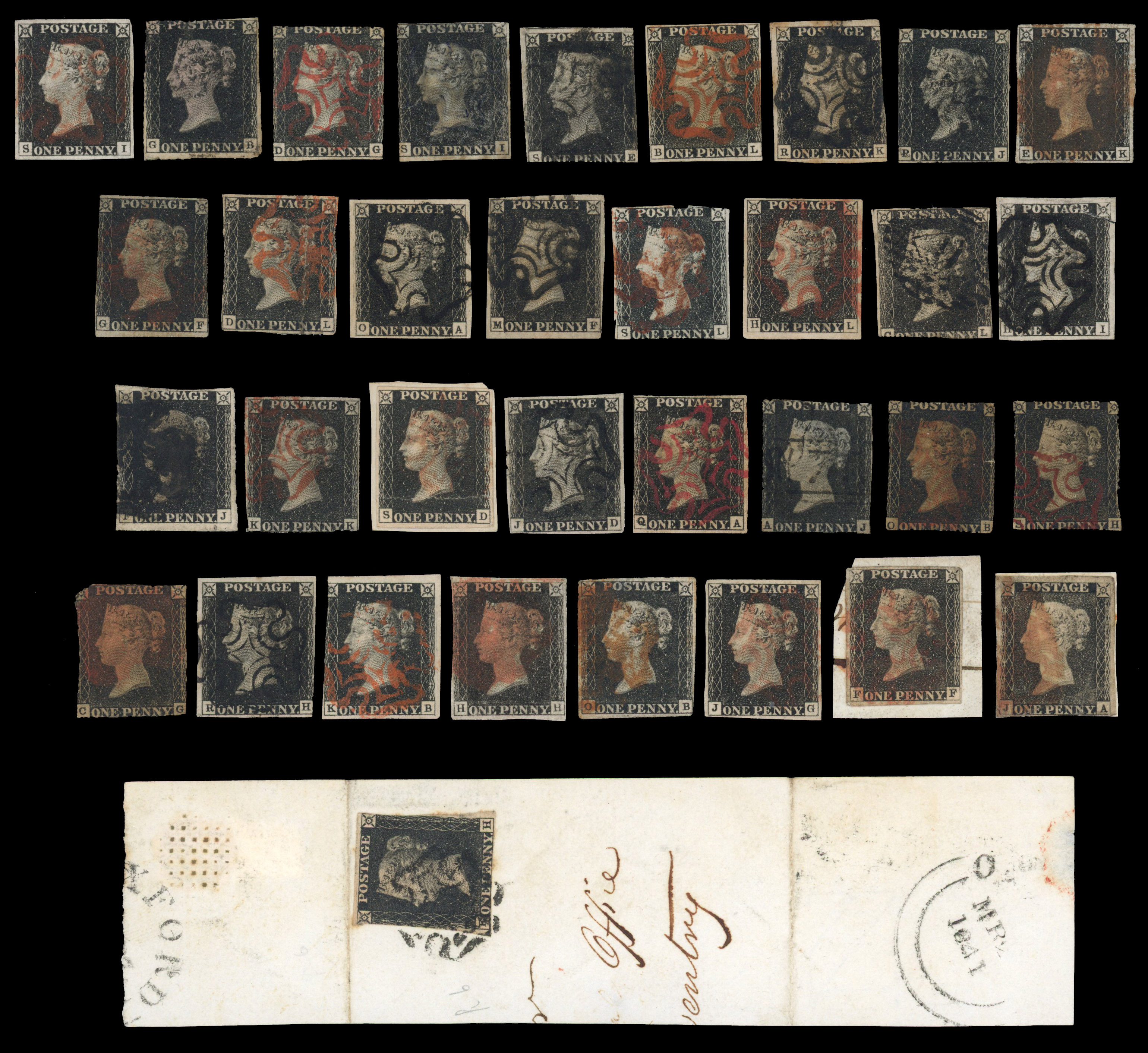1840 1d black, fifty unplated stamps with a strip of three, arranged on two stockcards with no to four margins, cancelled