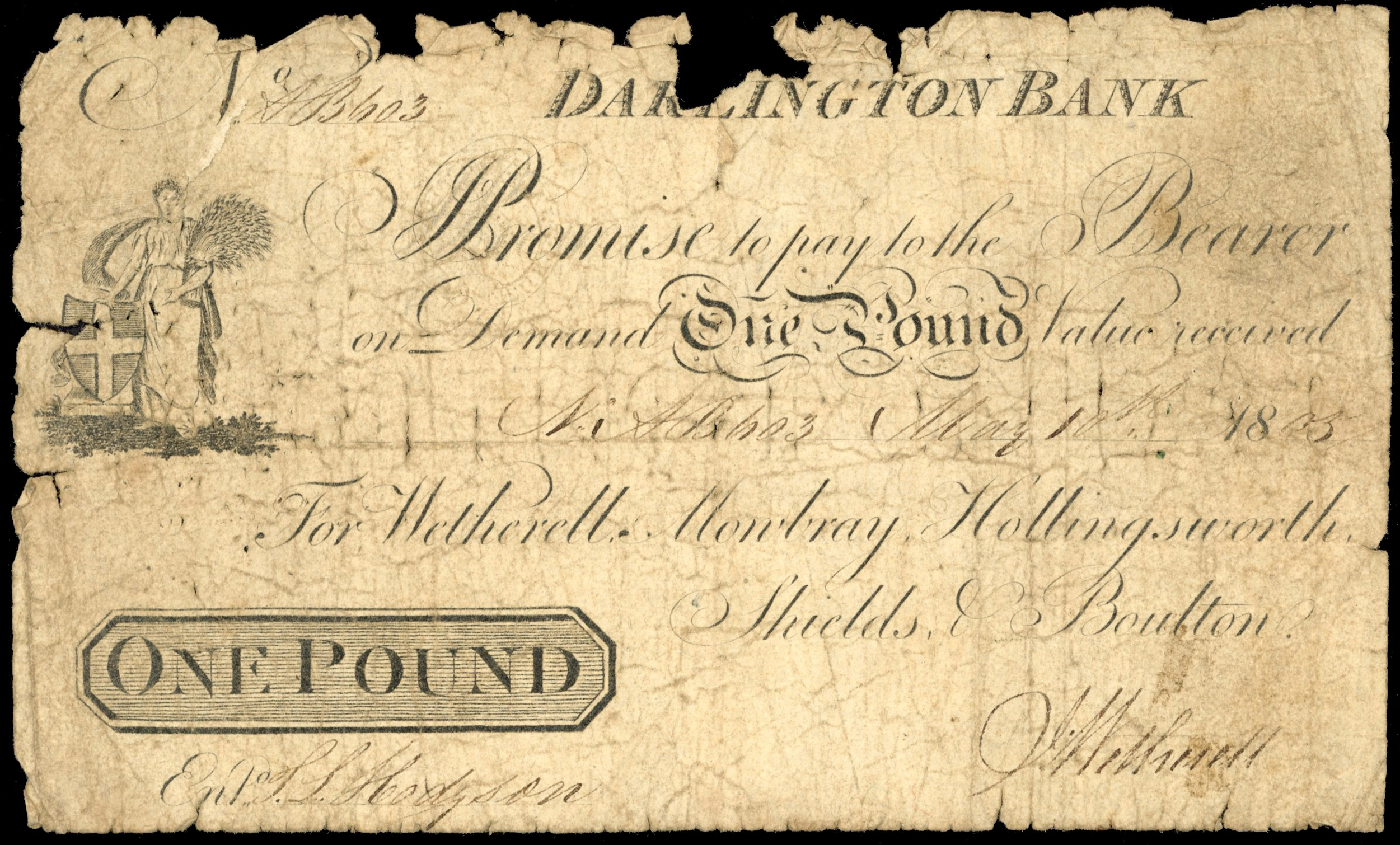 DARLINGTON, Darlington Bank, for Wetherell, Mowbray, Hollingsworth, Shields & Bolton £1.,10 May 1805, signed J…