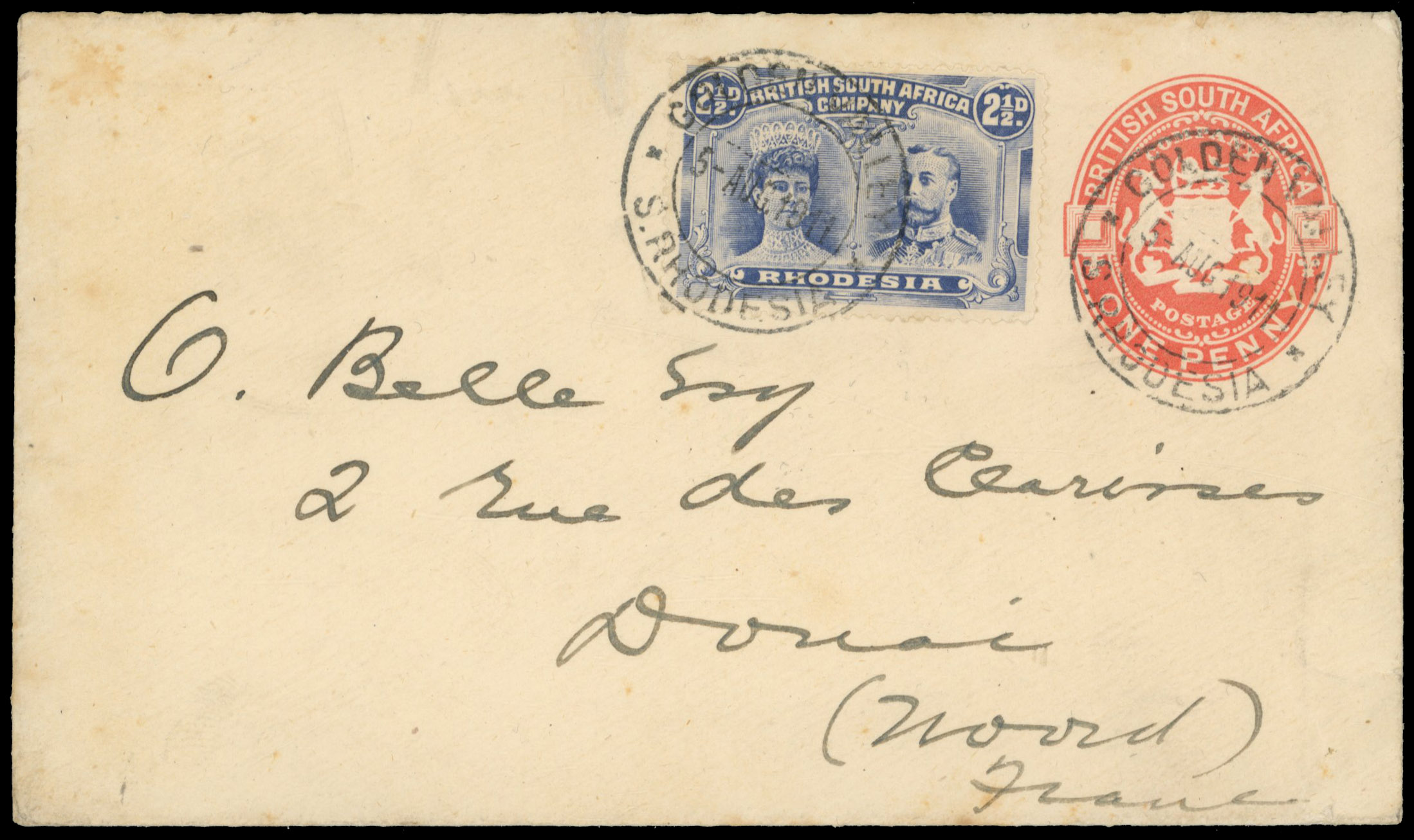 2½d ultramarine on 1d postal stationery envelope to Douai, Golden Valley DCs 5 AUG 1911