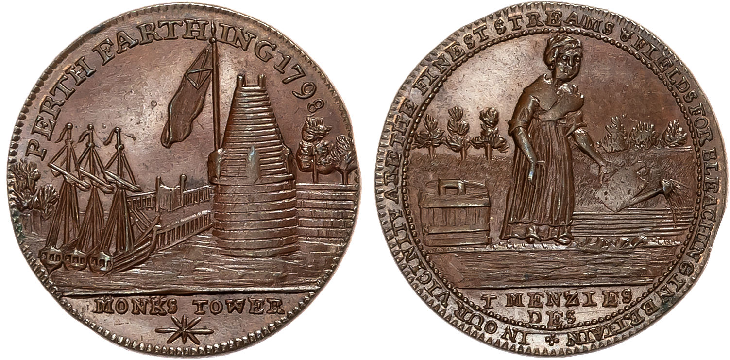 Perth. Perth , John Ferrier Farthing 1798, three ships at quay-side by conical tower (Monks Tower by the Tay, demolished …
