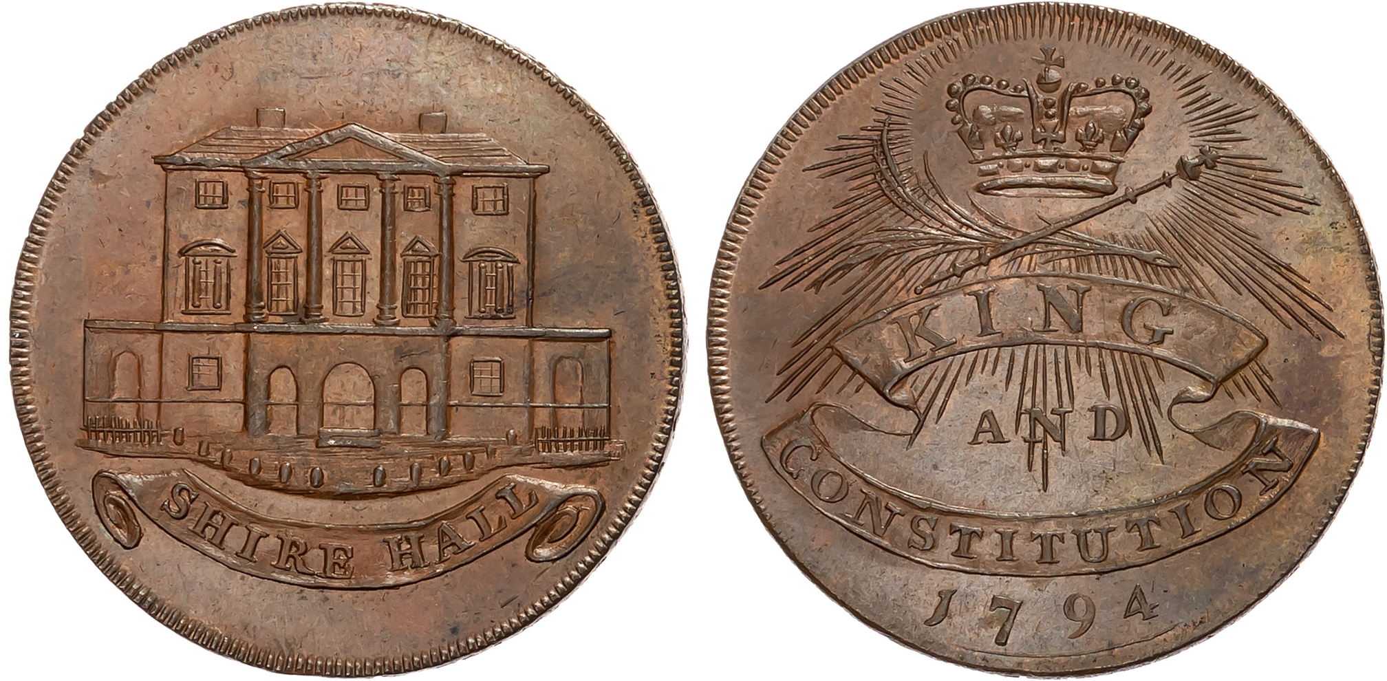 Essex, Chelmsford, Clachar & Co. (Book-sellers and binders) Halfpenny 1794, façade of the (newly built) Shire Hall, rev …