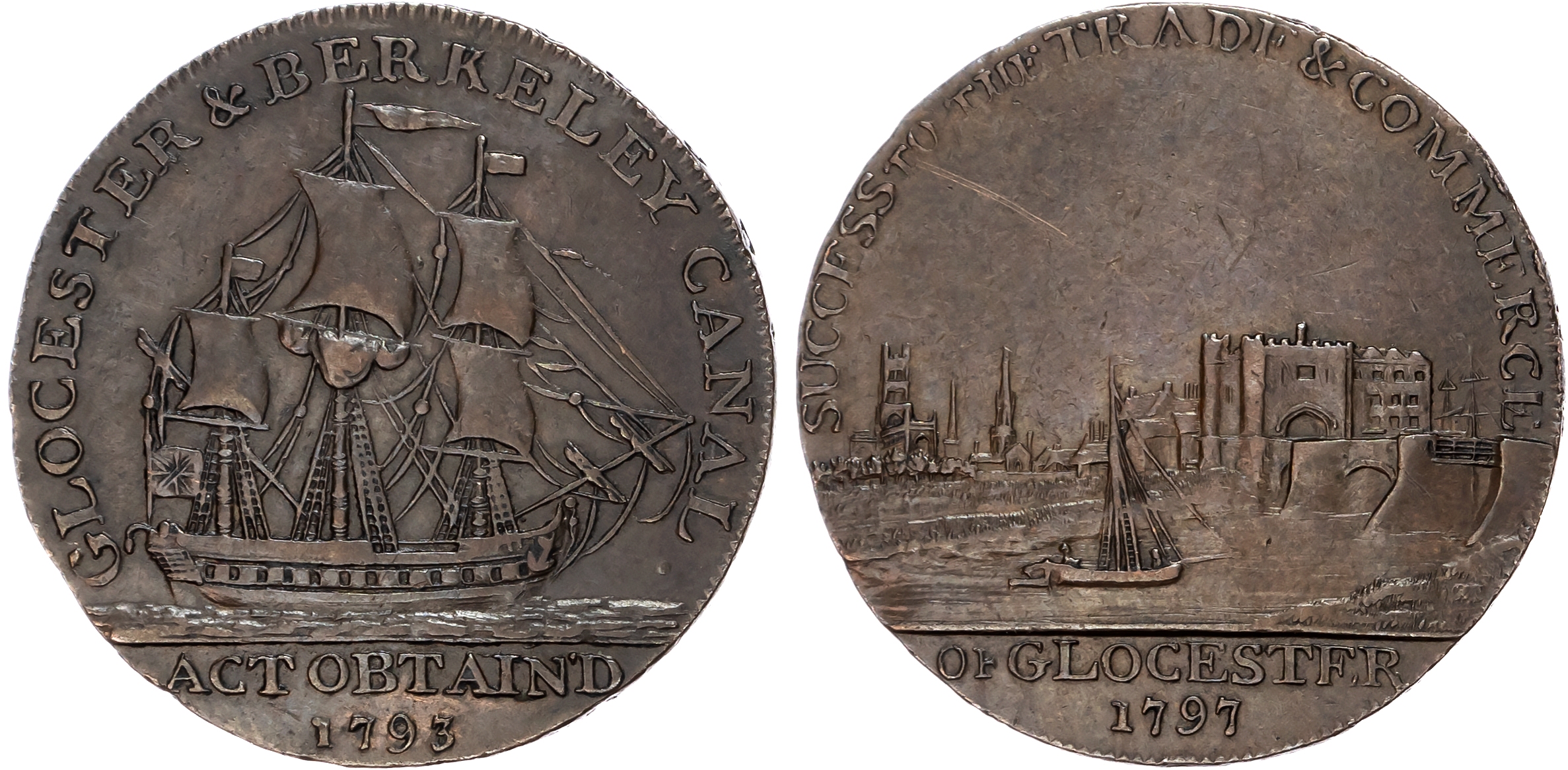 Glos. Gloucester, Gloucester & Berkeley Canal Co. Halfpenny 1793. View of south side of Gloucester from the ca…