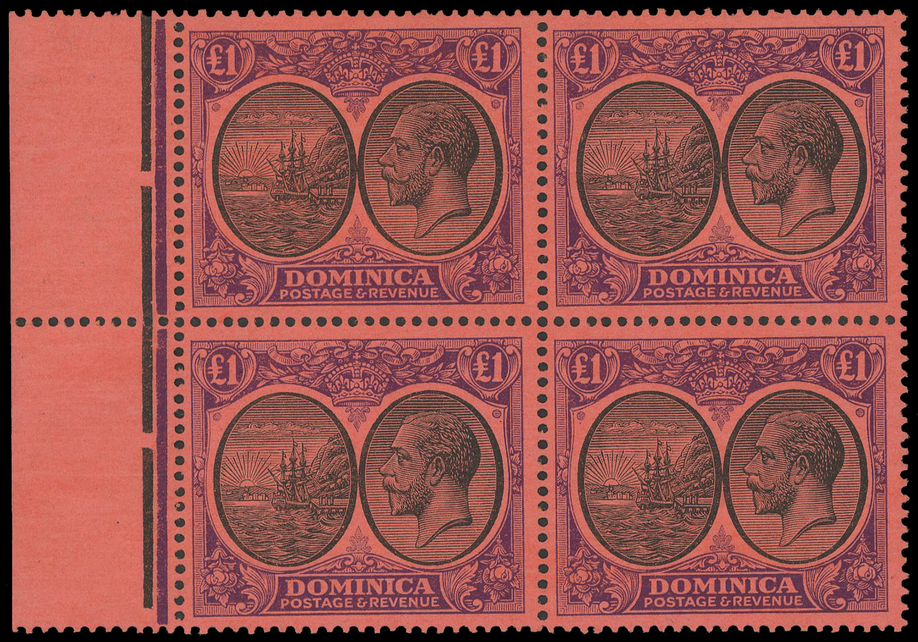 Dominica 1923-33 £1 block of 4 unmounted