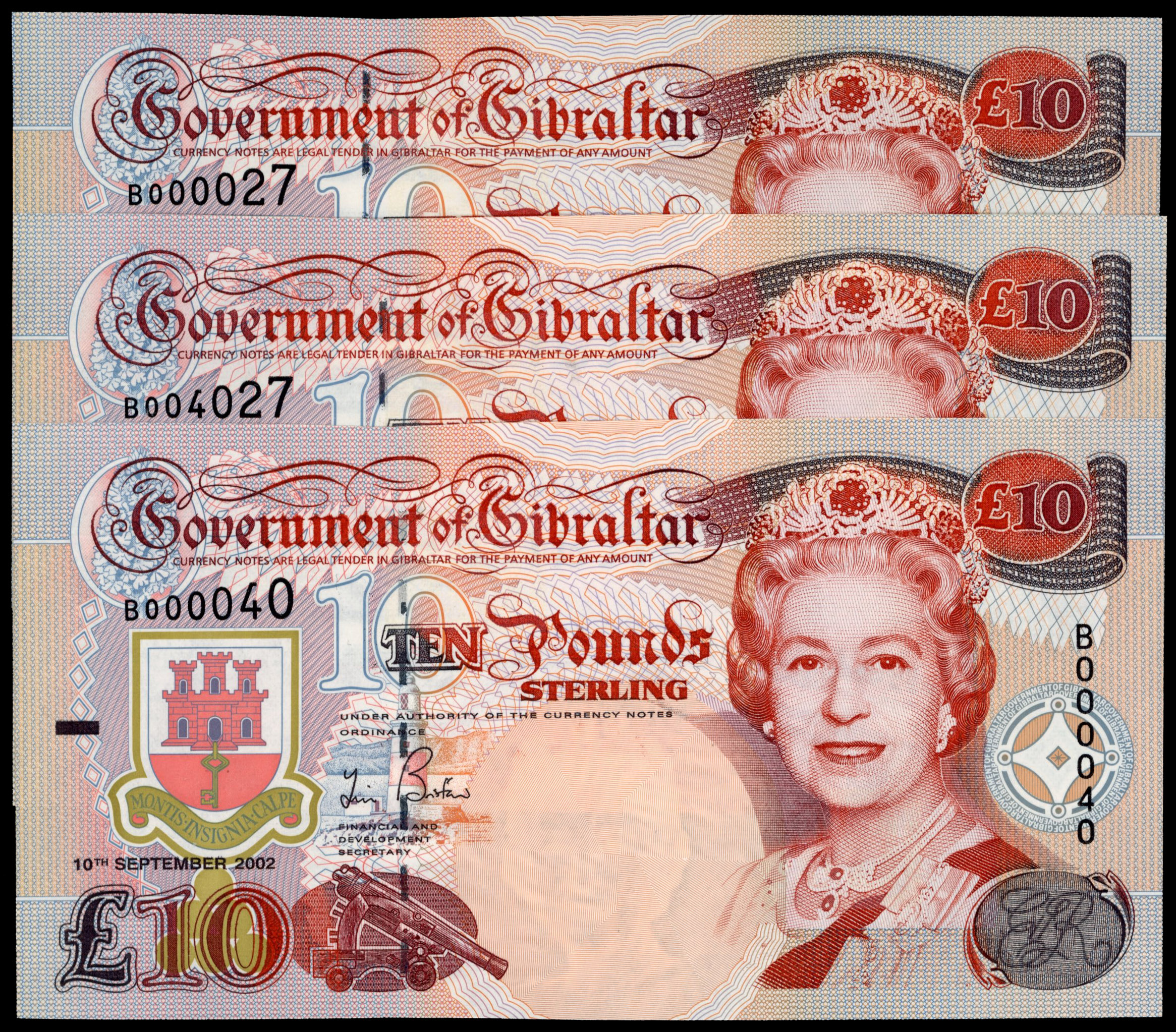 Gibraltar, Government, Ten Pounds, 10 Sep. 2002, Bristow, B004027; B000040; B004027, (Pick 30). All crisp Unci…