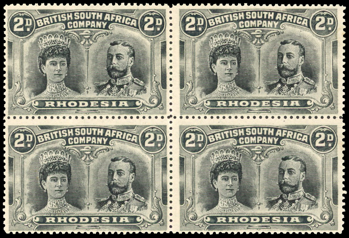 Rhodesia 1910-13 2d black and slate-black perf 15 block of 4