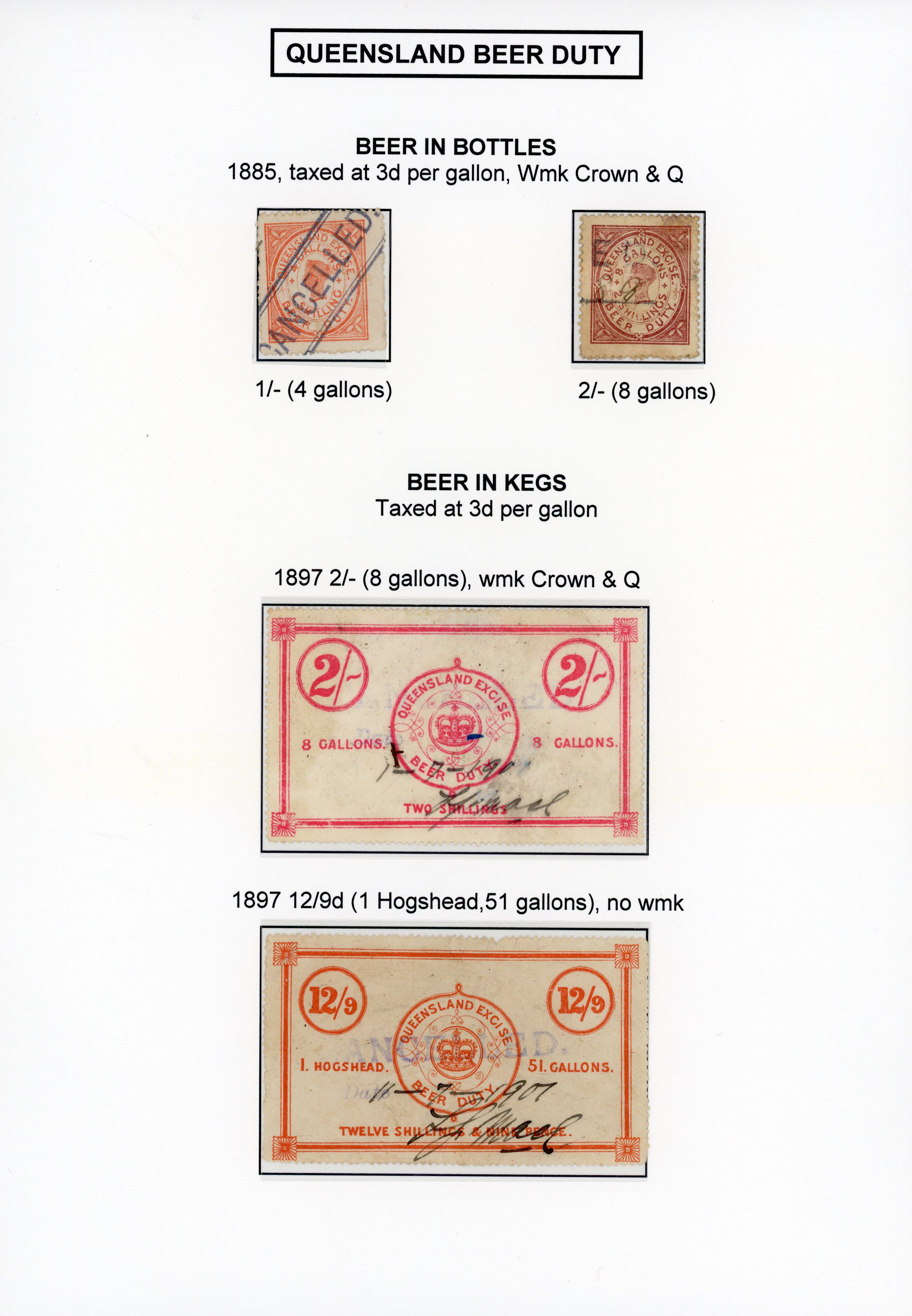 Australian States Queensland and Victoria Beer Duty stamps