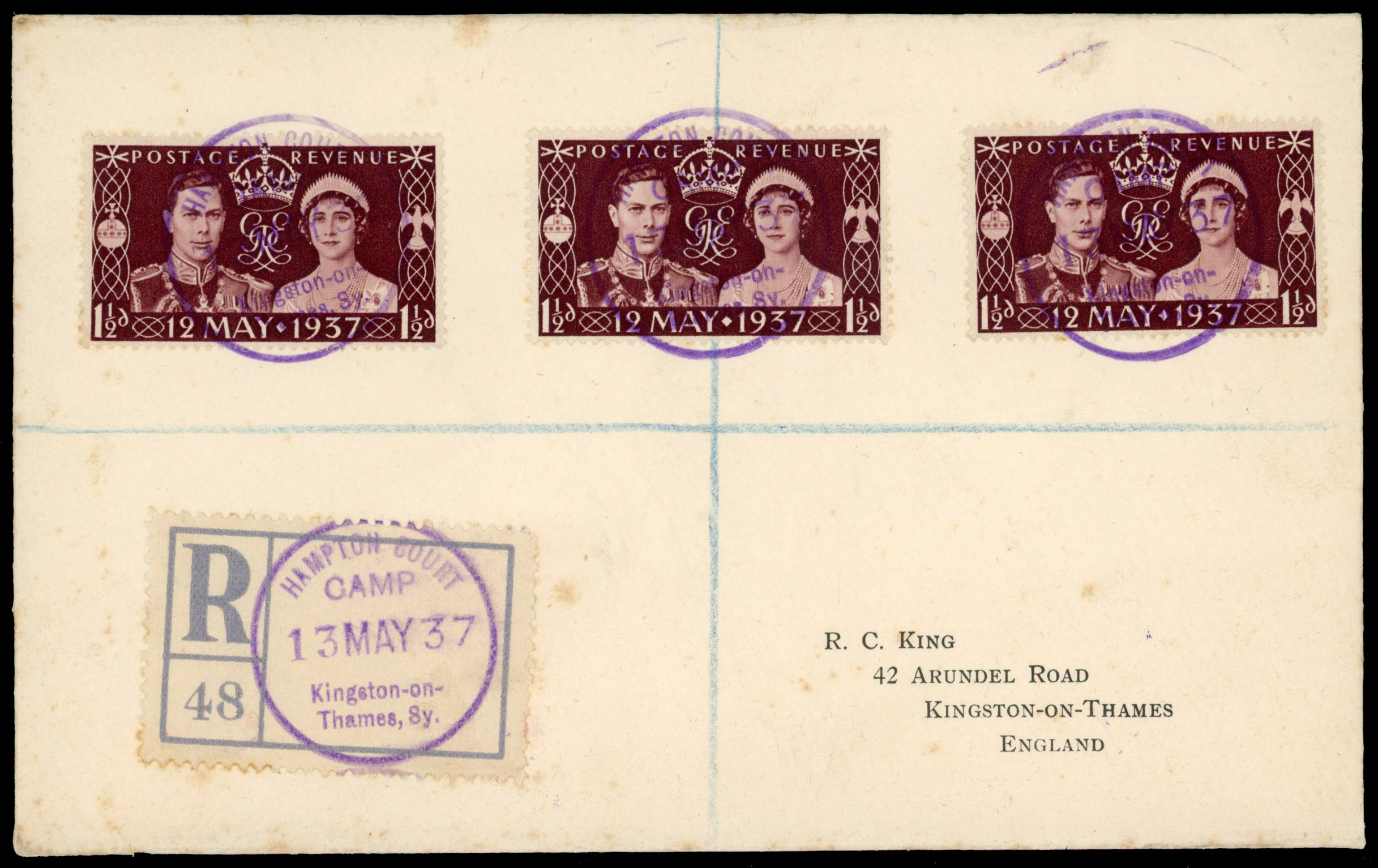 1937 1½d Coronation first day cover. 3x 1½d Hampton Court Camp Kingston on Thames cds' in violet 