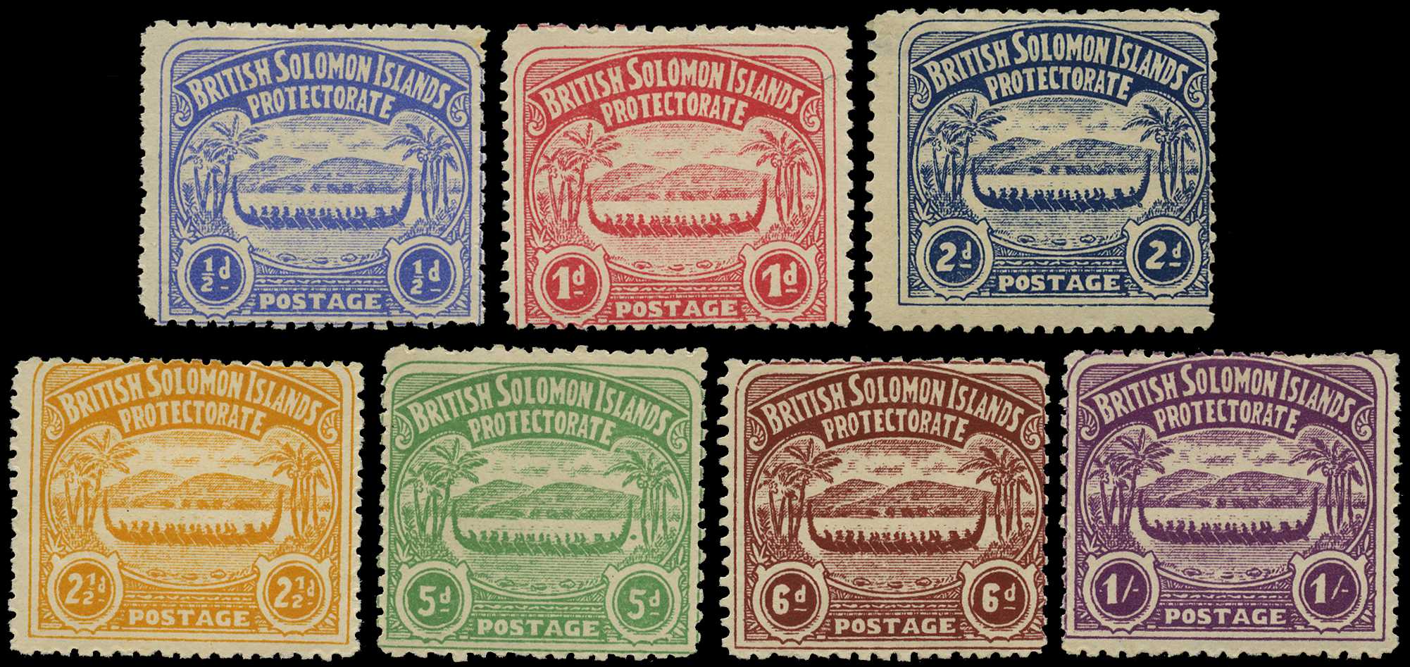 1907 Large Canoes set of seven, part o.g.,...