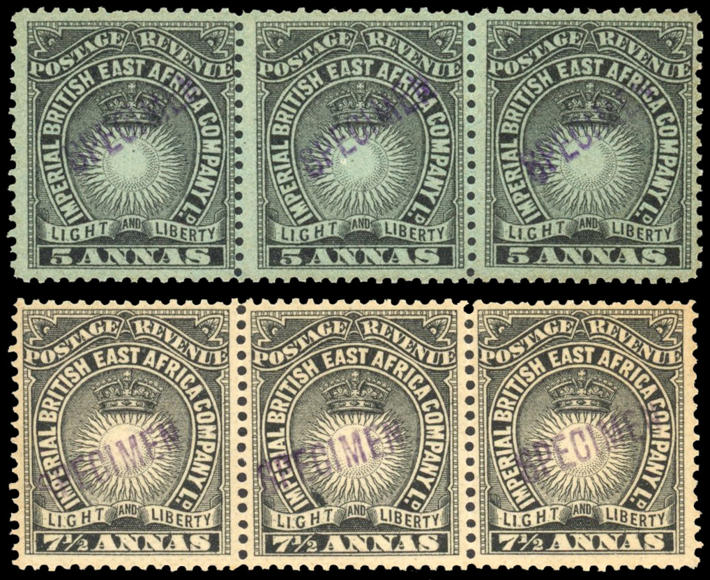 British East Africa SG 29s-30s 1895 5a and 7½a Specimen strips