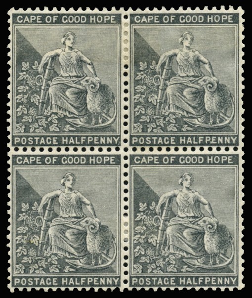 1882-83 ½d black, wmk CA, well-centred block of...