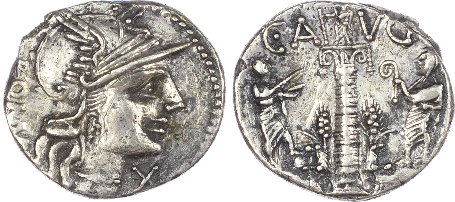 Ti. Minucius C. f. Augurinus (135 BC) AR Denarius, Rome, 3.80g. [ROMA], helmeted head of Roma facing right, X (mark of