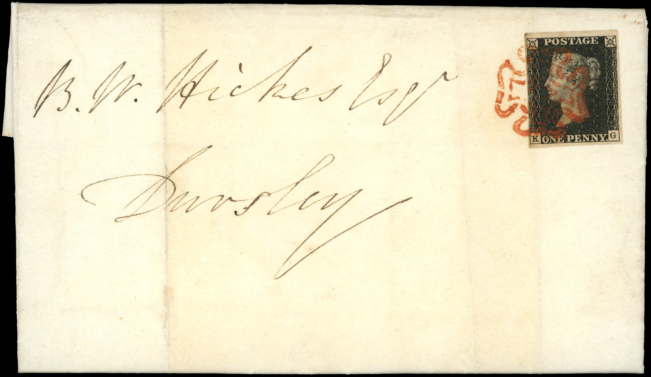 1840 1d black (KG), plate 5, very close to large margins, to Dursley, tied by  'WOOTTON-UNDER-EDGE' red Maltese Cross