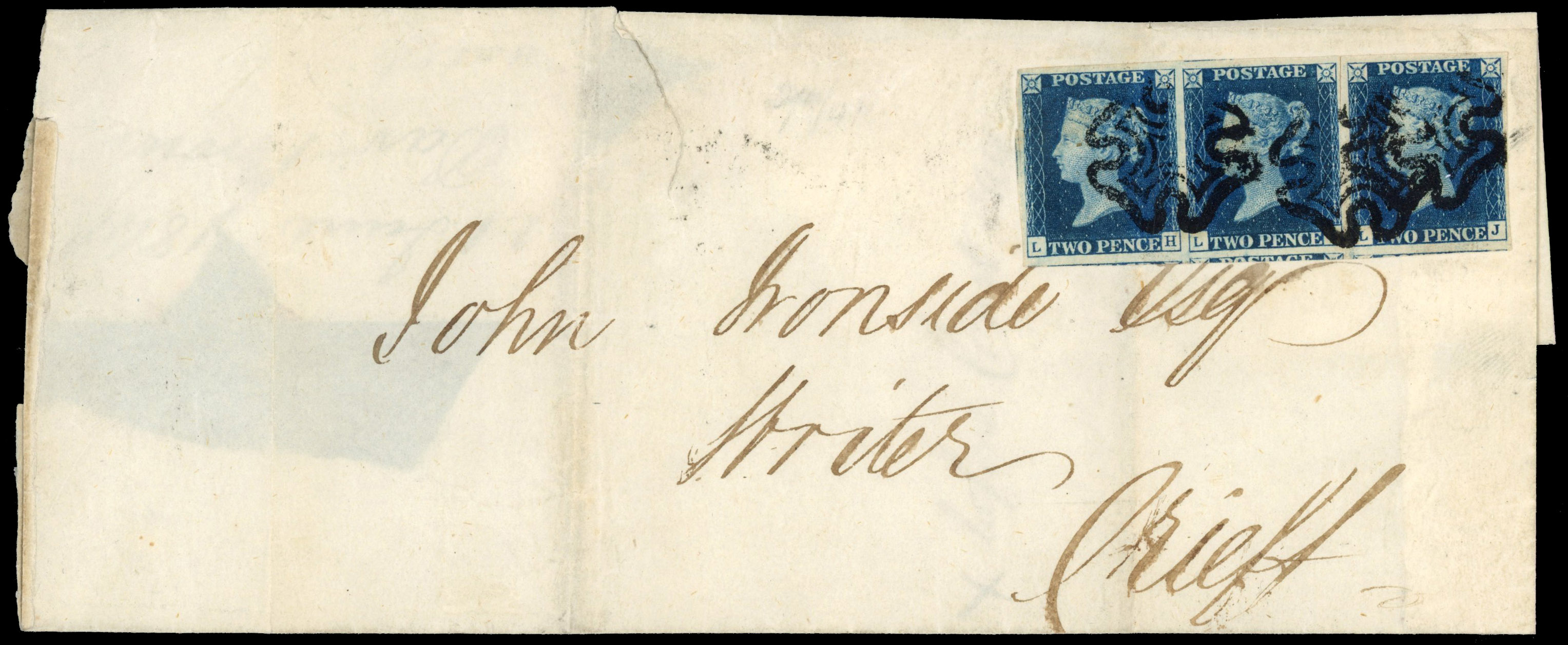 GB SG 4 2d blue strip of three on 1841 cover