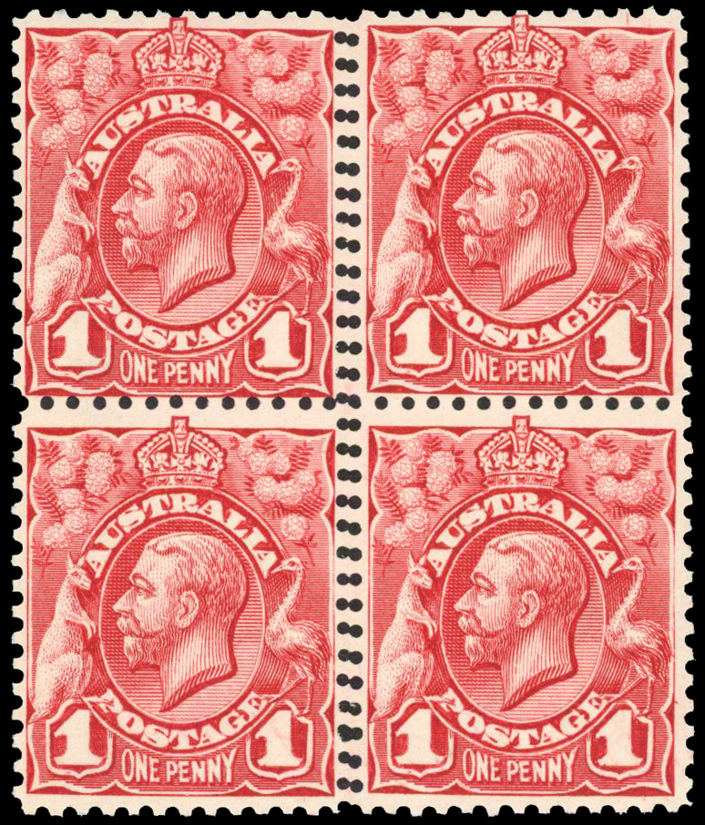 Australia KGV heads 1913-14 1d red block of 4 with double vertical perforations BW 59bi
