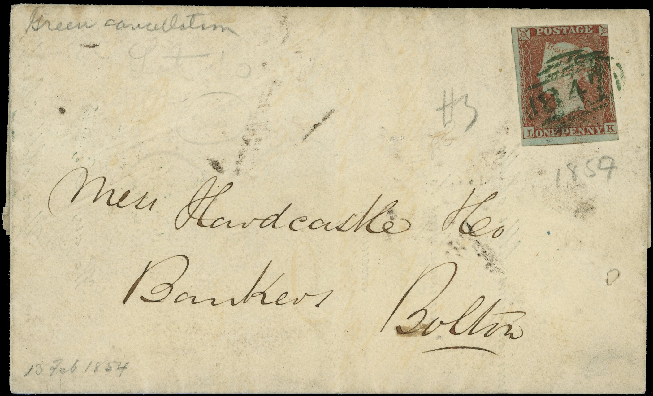 POSTAL HISTORY: 1854 printed bank letter to Bolton franked with 1d red