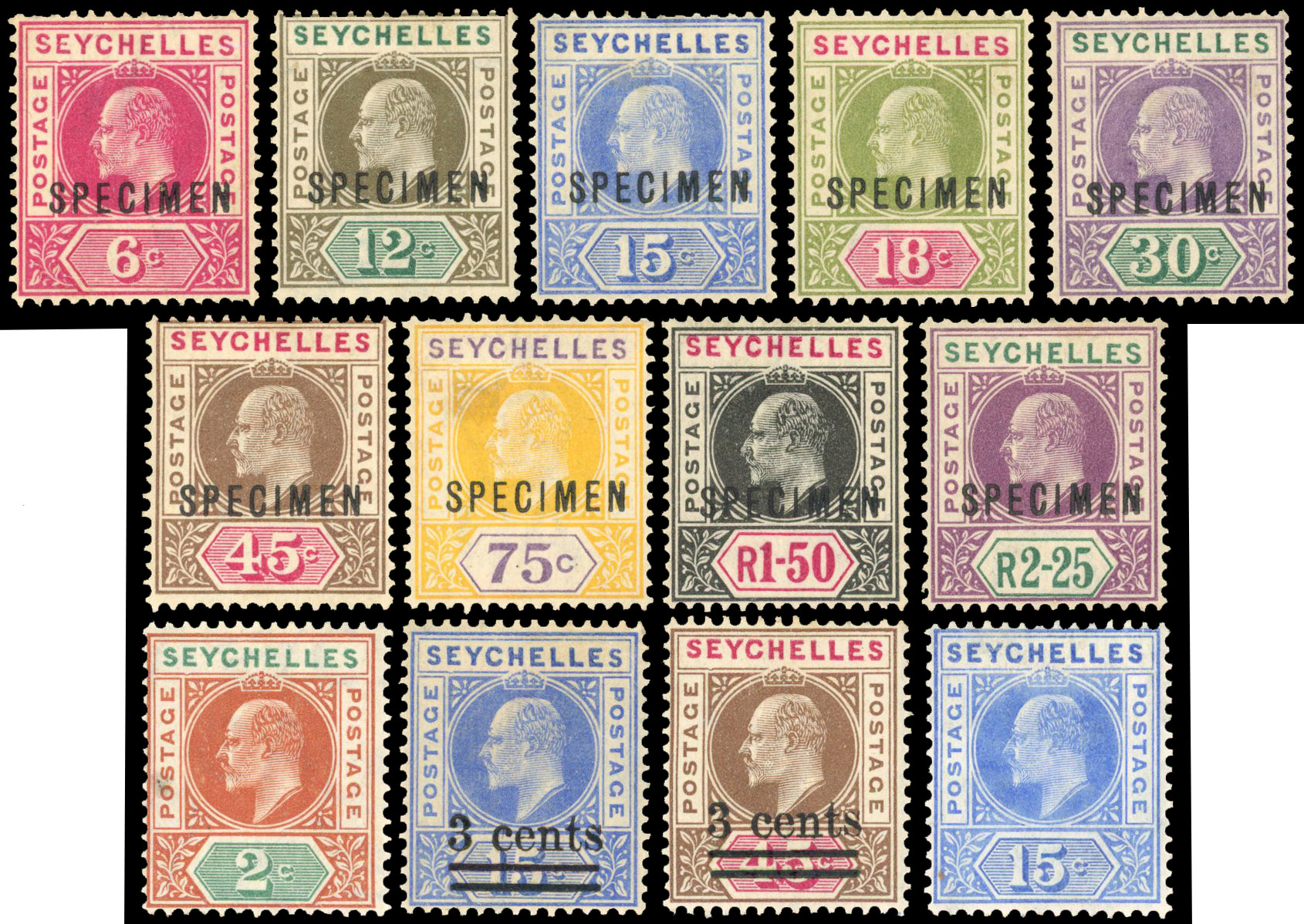 Seychelles KEVII DENTED/SLOTTED FRAME varieties including Specimen 