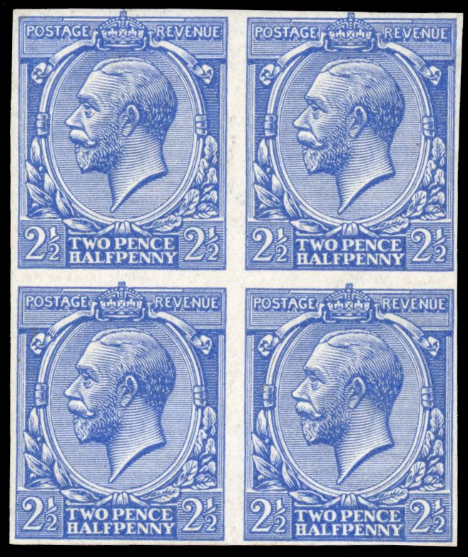 GB 1912 2½d cobalt violet blue imperforate colour trial block of four,