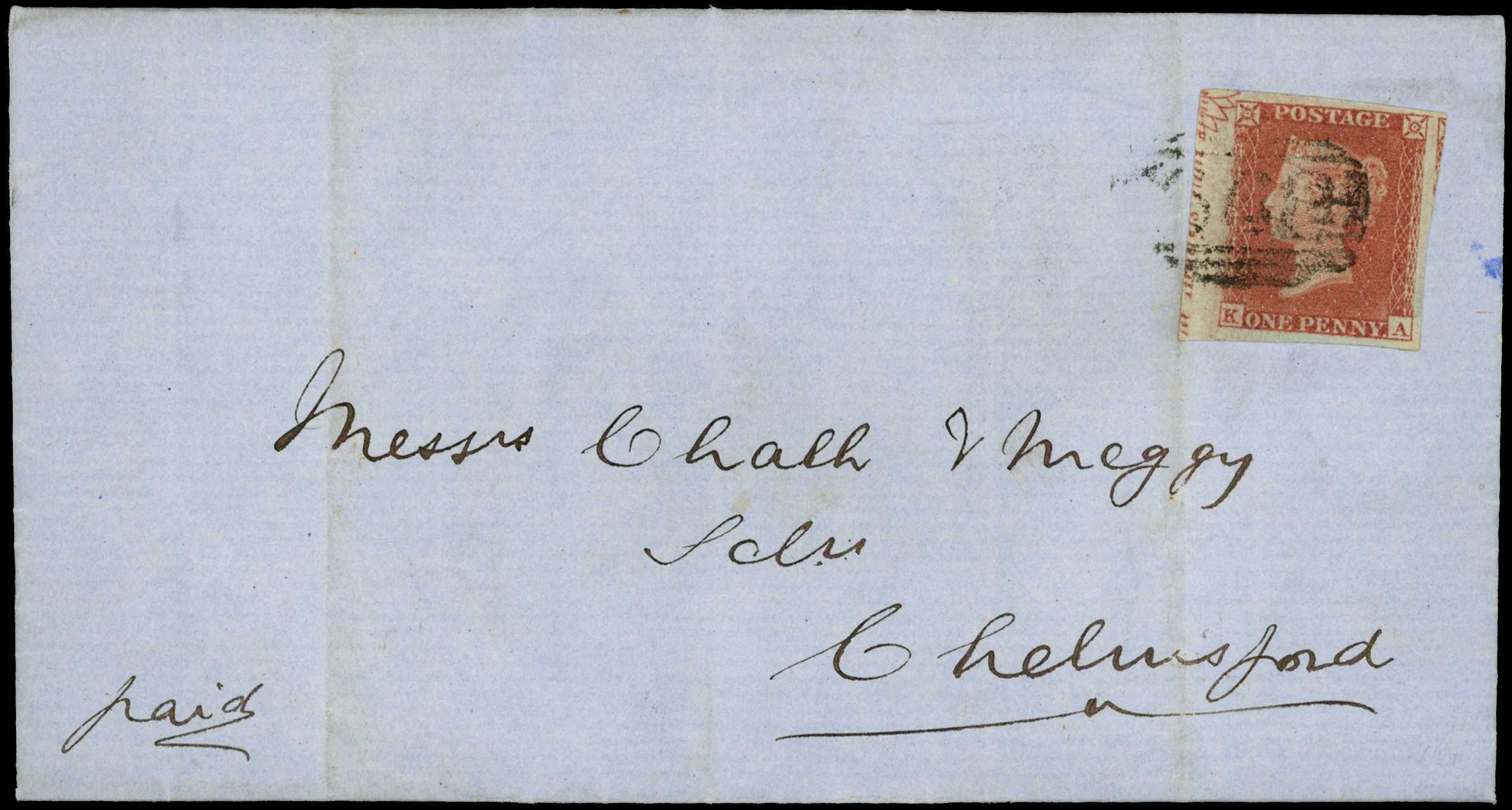 1841 1d red KA, four large margins, plate...