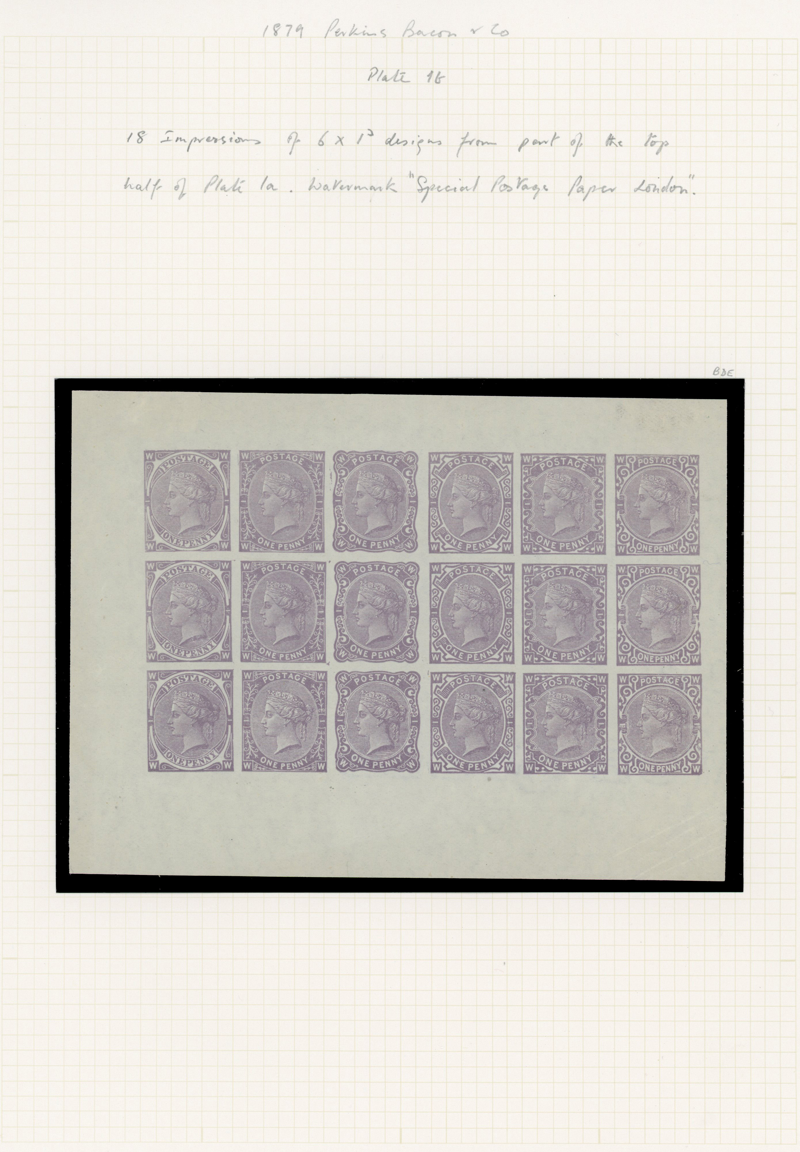 1879 1d Tender Essays. Superb unused imperforate se-tenant sheetlet of 18 printed in lilac