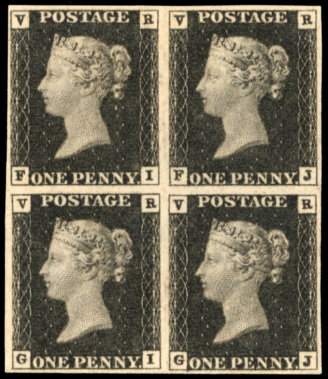 GB 1840 1d Black (VR Official). Unused o.g. block of four (FI-GJ), SG V1