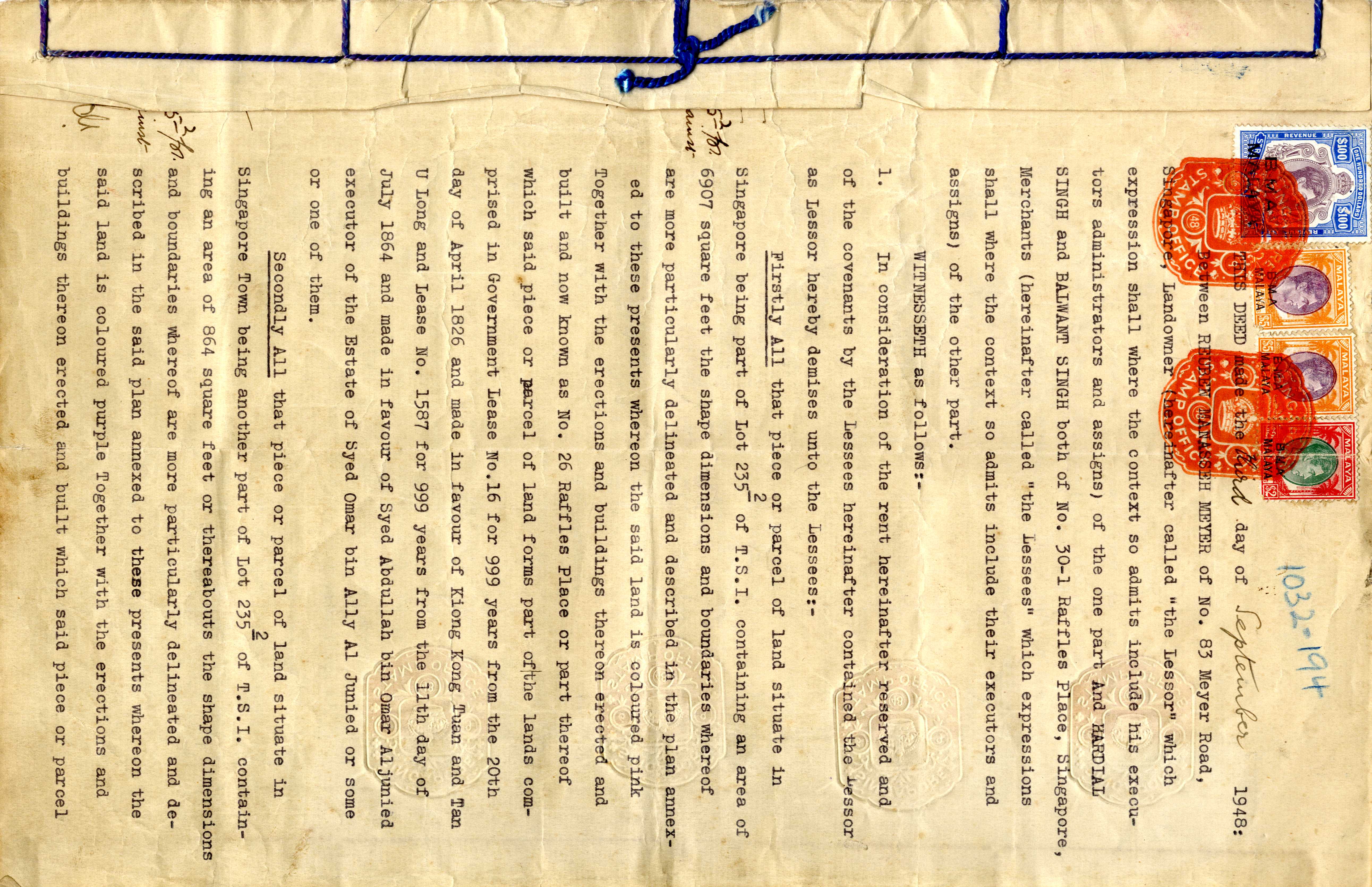 Malaya B.M.A. $100 KGVI revenue document bearing NINE examples & 3 other docs