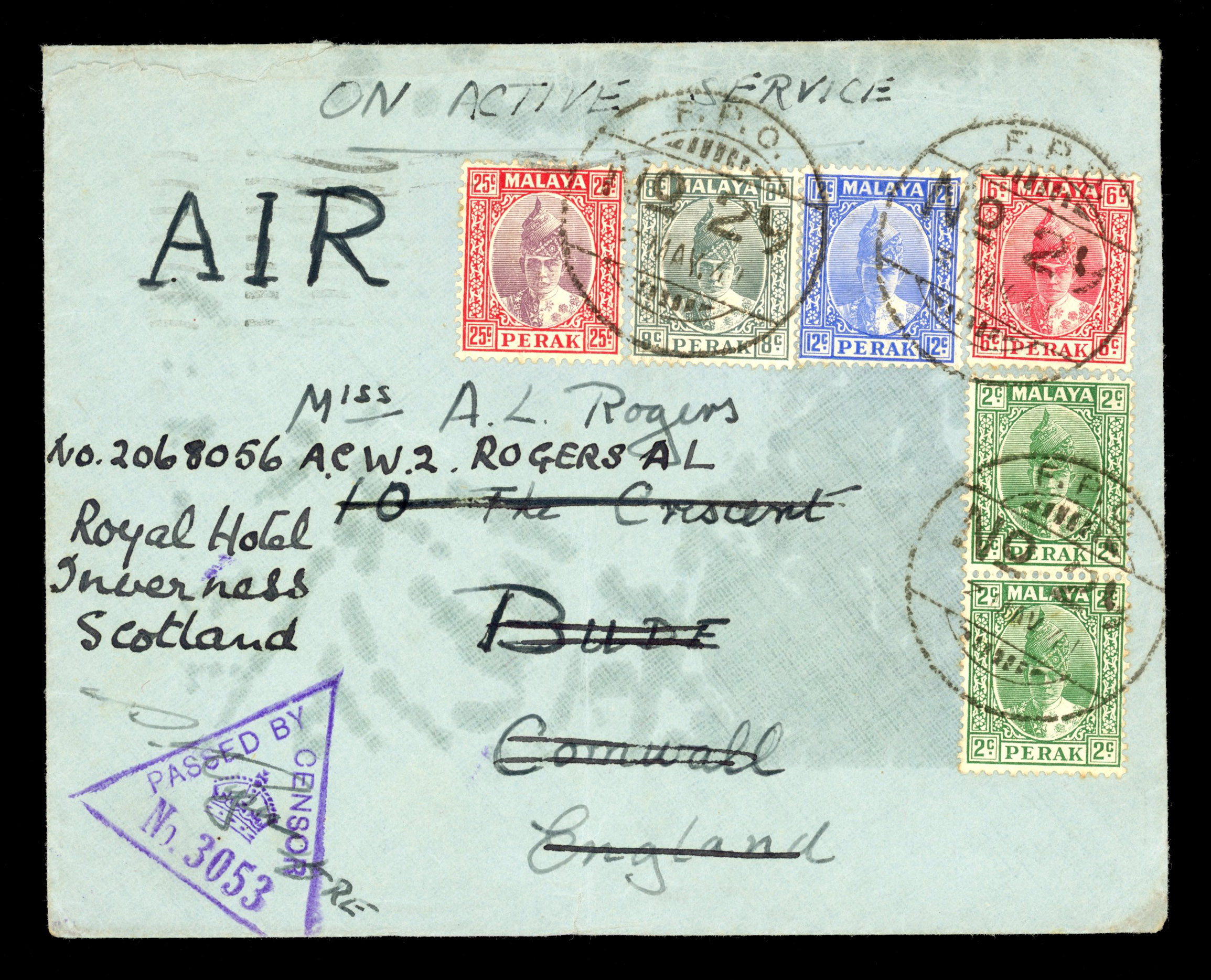 Malaya - Perak 1941 ‘On Active Service’ censored cover to England redirected to Scotland