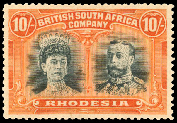 Rhodesia 1910-13 10s bottle green and reddish orange
