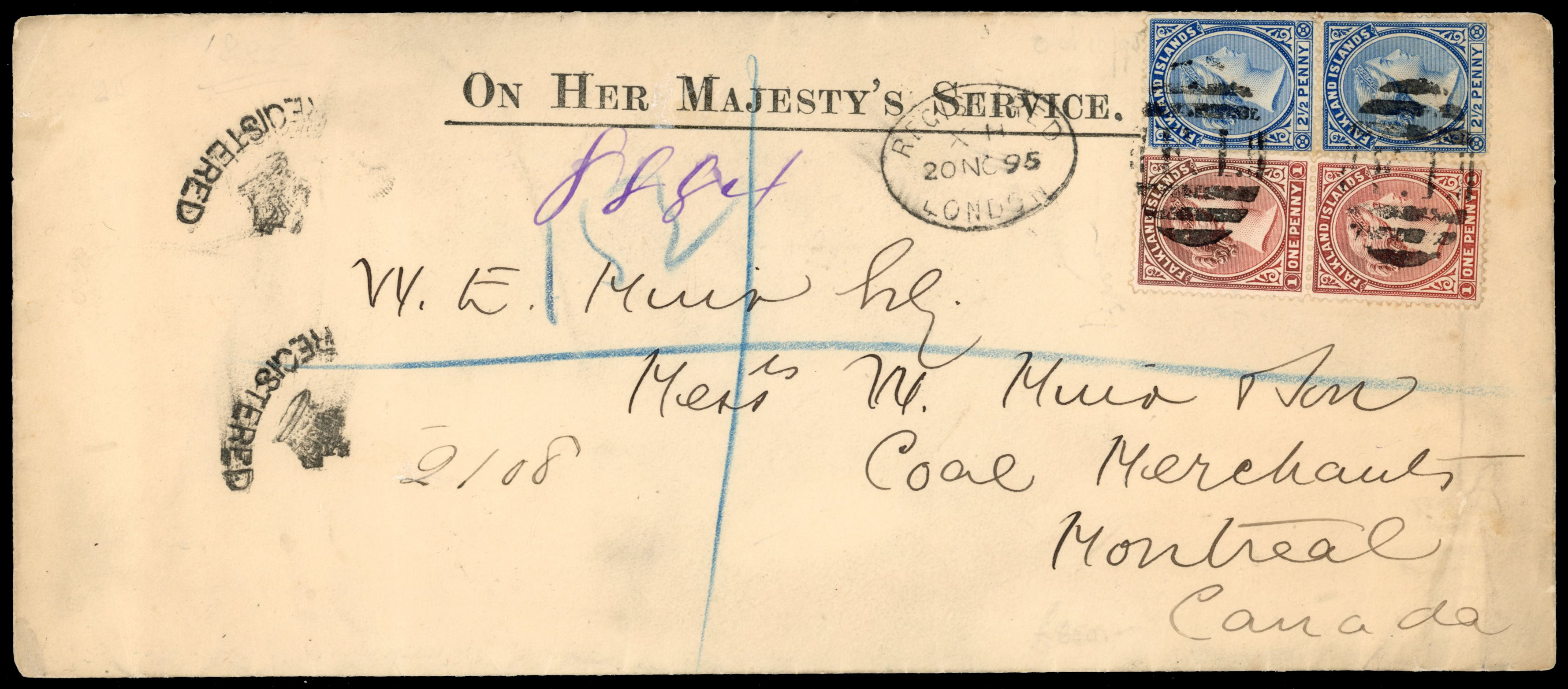 Falkland Islands SG 21, 30 1895 registered OHMS cover to Canada