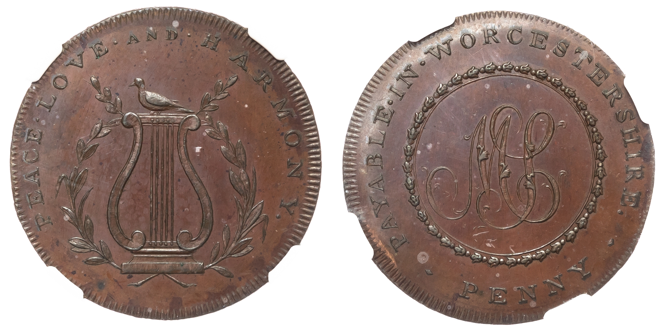 Worcs. County Series , Skidmore’s specious Penny (c. 1797), Dove on lyre between olive branches, rev. MS cypher, edge I  …