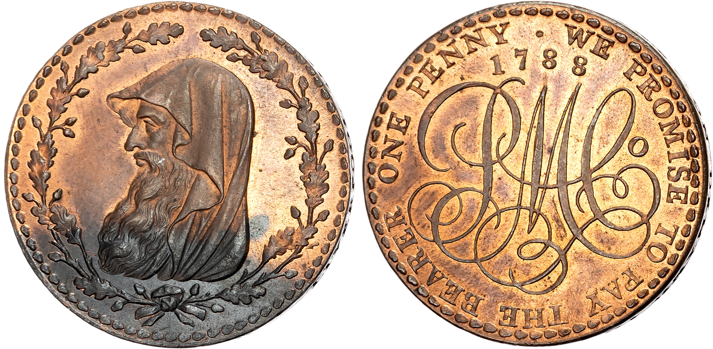 Anglesey . Amlwch, Parys Mining Co. Penny 1788, Cowled druid’s head within a thin oaken wreath with 24 acorns, 4 at tie, …