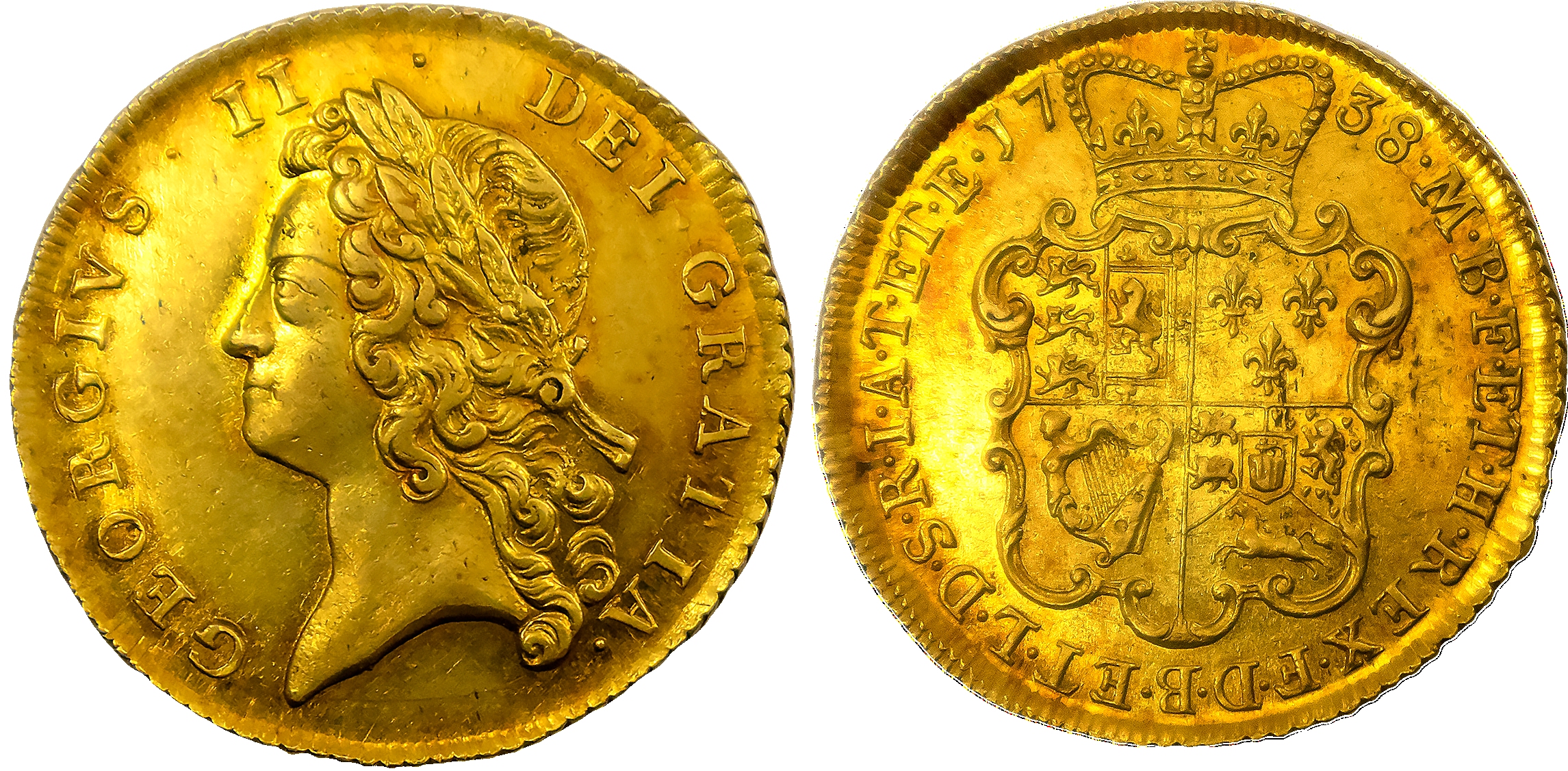 George II (1738-1760), Two-Guineas, 1738, Young laureate head left, repositioned legend, rev. crowned quartered shield o…