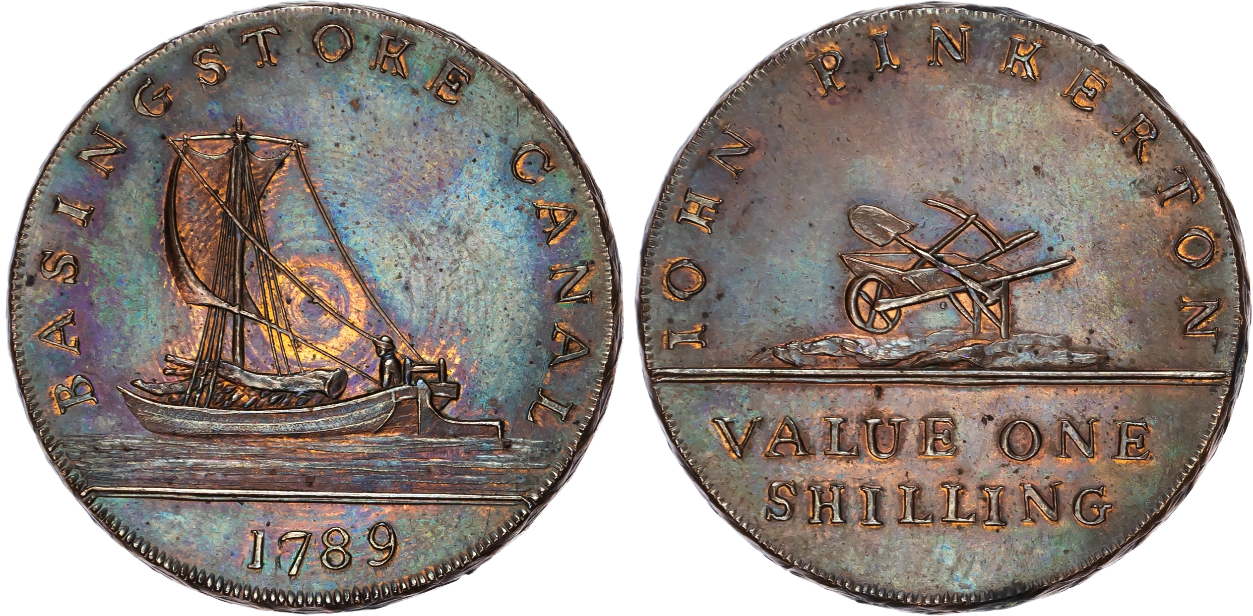 (†)Hants. Basingstoke, John Pinkerton, Shilling, 1789 [7 over 8], BASINGSTOKE CANAL, barge sailing left, date in …