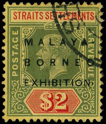 1922 Malaya-Borneo $2 watermark MCA, raised stop, corner Singapore CDS. SG...