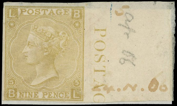 1865 9d Straw Pl.5 (Wmk. Emblems). Very fine unused o.g. imperforate right hand marginal imprimatur lettered BL. Just cl…