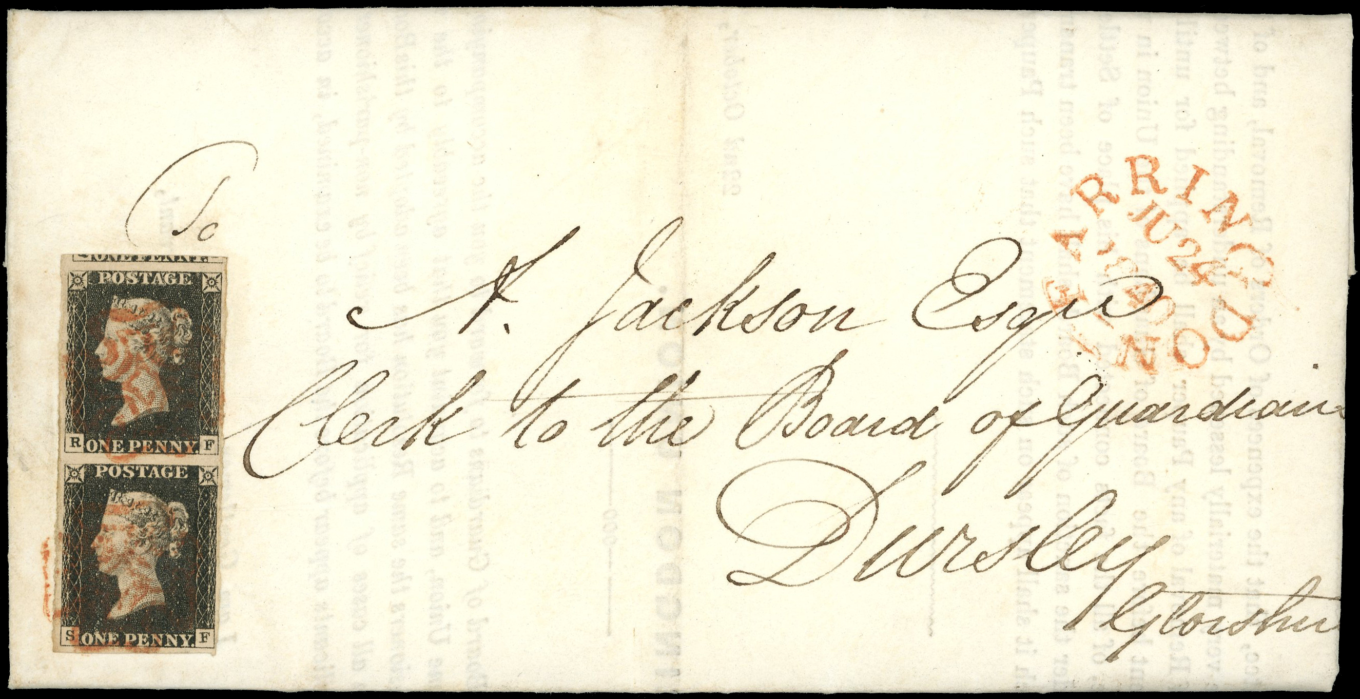 1840 1d black vertical pair affixed to printed circular