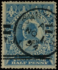 1894 surcharge ½d Type 17 on 2½d blue, used with Bonny River CDS of NO 1 94, showing OIE for ONE (#8 in the setting). ...