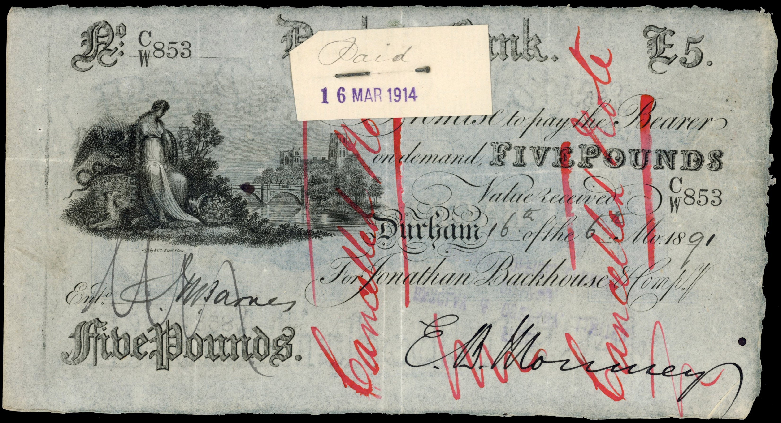 DURHAM, Durham Bank for Jonathan Backhouse & Co., £5.,16 of the 6th month 1891, signed E B Mounsey, serial no.…