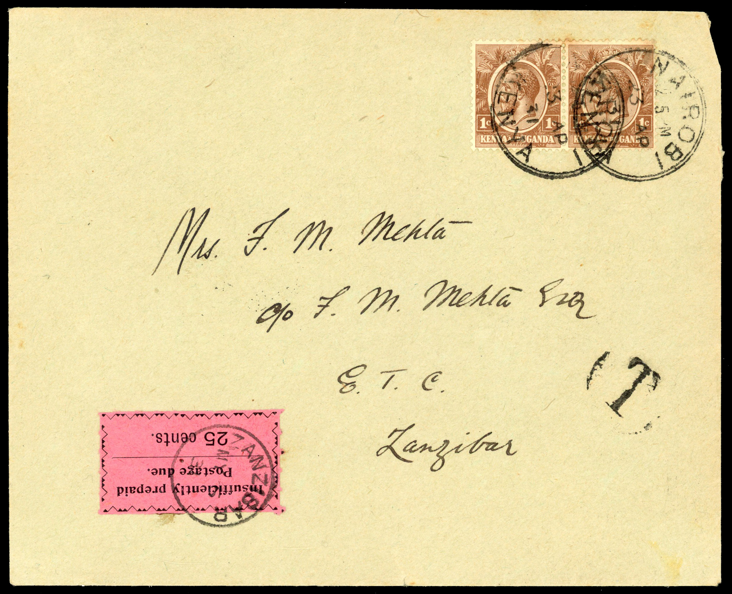 Zanzibar 1931 incoming postage due cover