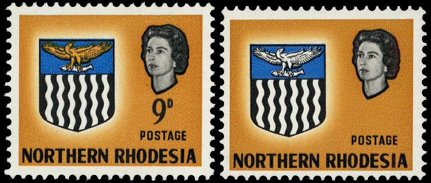 1963 Arms 9d yellow-brown, error ‘VALUE AND ORANGE (EAGLE)’