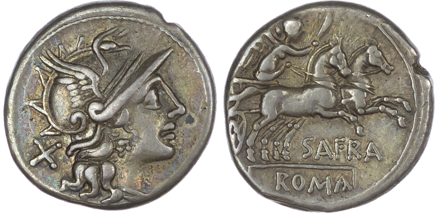 Spurius Afranius (150 BC) AR Denarius, Rome, 3.75g. Helmeted head of Roma facing right, X (mark of value) behind. Rev.