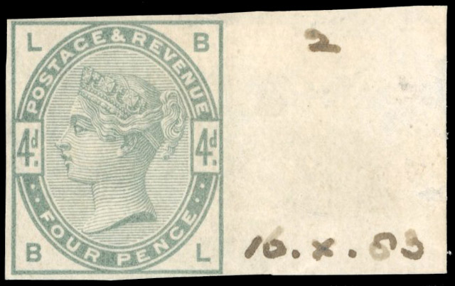 GB 1883-84 4d dull green, Plate 2 (BL), imperforate imprimatur, For SG 192