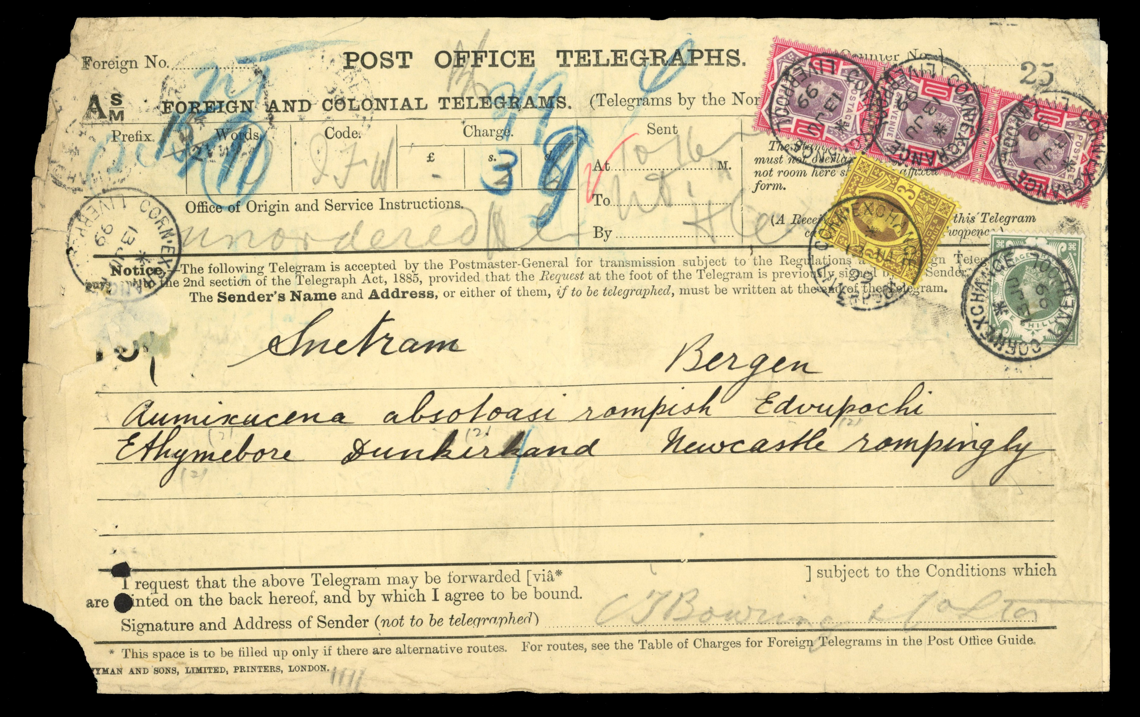 GB TELEGRAPHS: 1899 form bearing 1887-1900 ‘Jubilee’ 3d, 10d (3), 1s green, all tied by Liverpool cds
