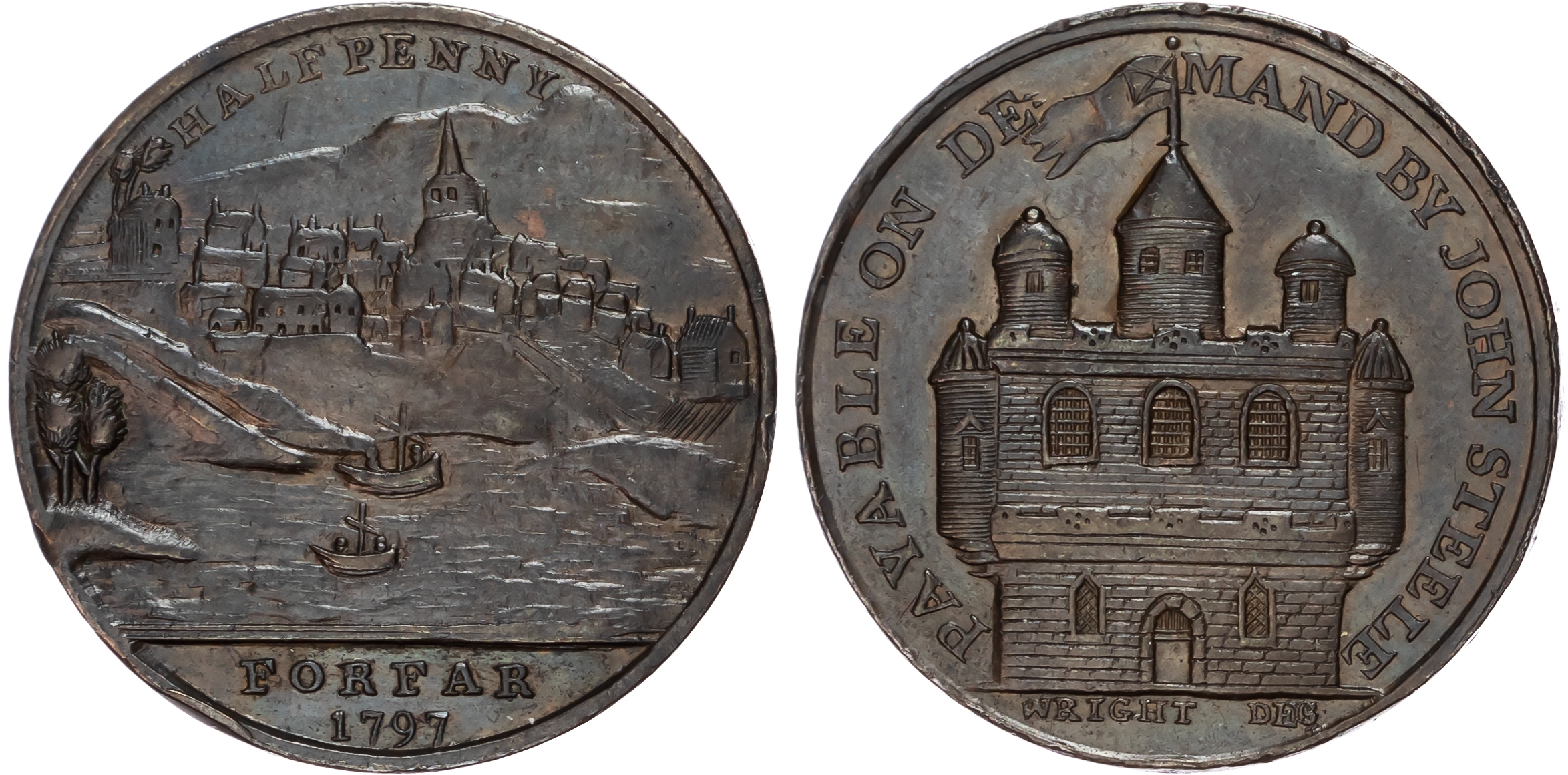 Angus. Forfar , John Steele (linen & woollen draper) Halfpenny 1797, panoramic view of town from the loch, rev…