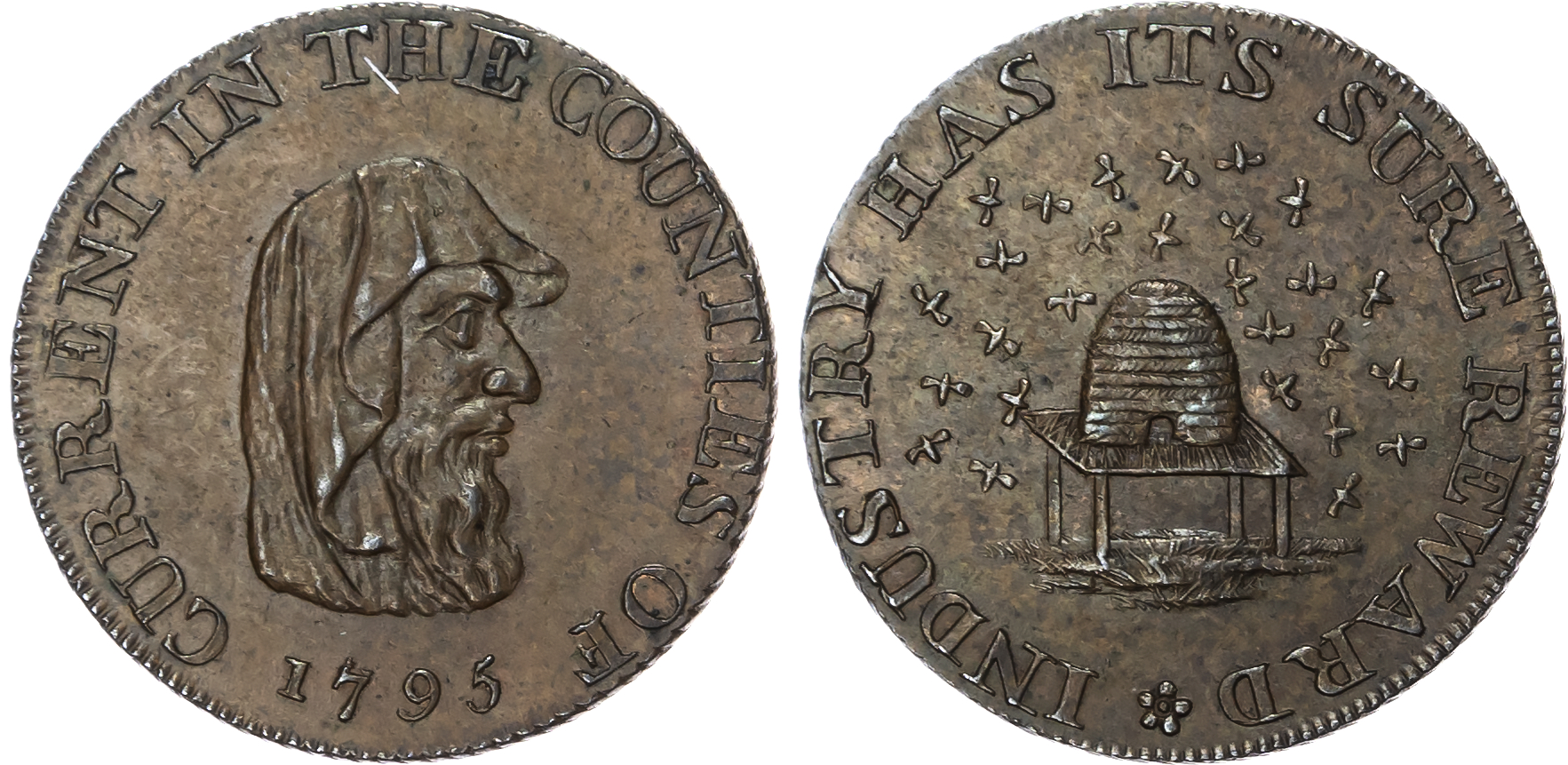 Cambs . County Farthing 1795, Cowle druids head right, rev. beehive and bees, edge diagonally milled, 21mm/4.2…