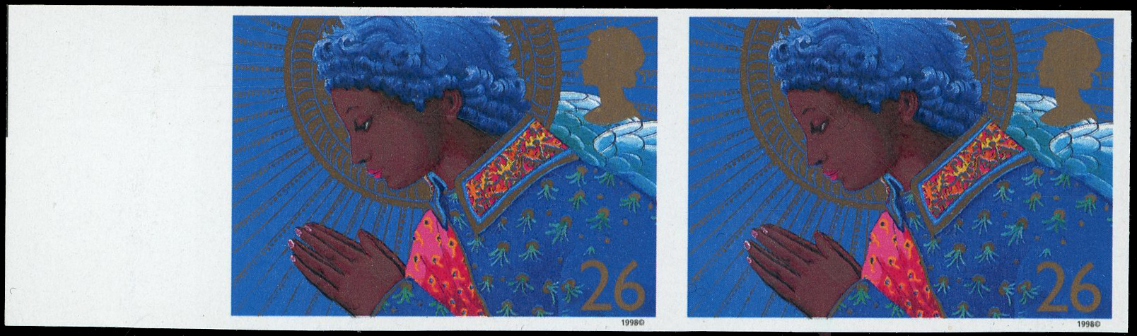 GB: 1998 26p Christmas, angel praying,left-hand marginal horizontal imperforate pair, one of only five pairs 