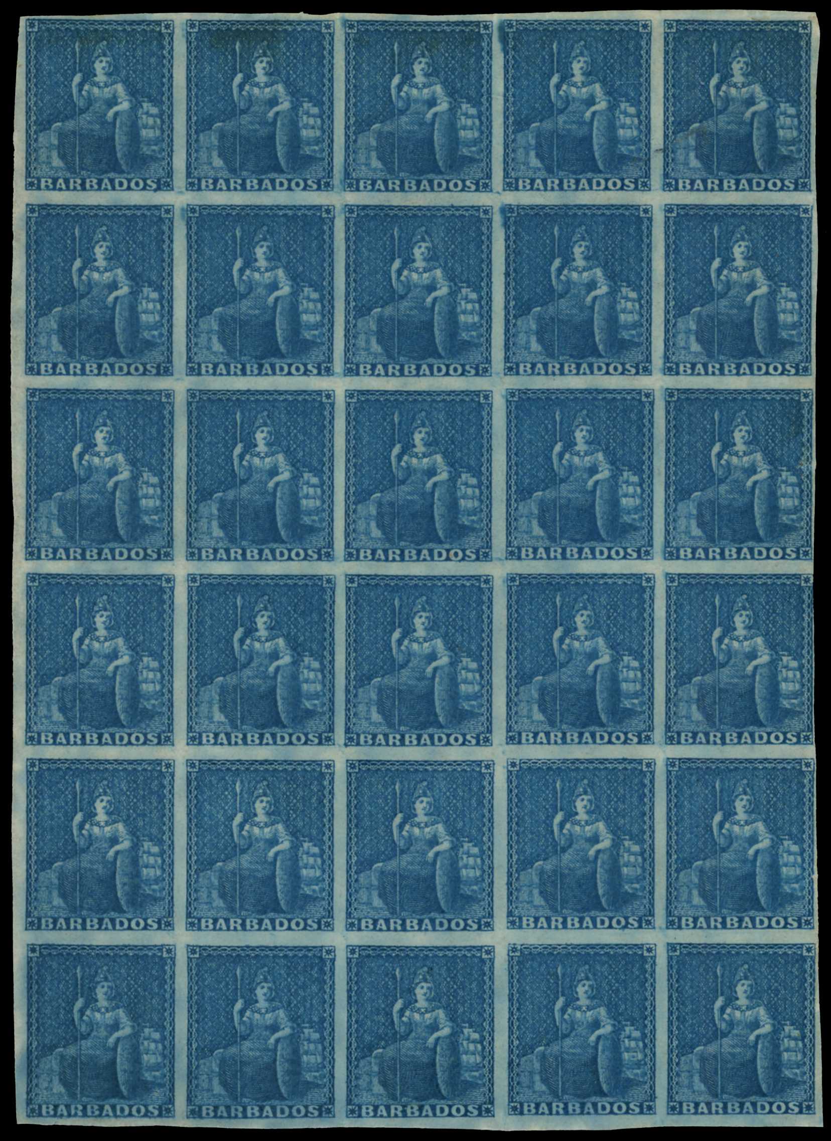 Barbados 1852-55 (1d) blue on blued paper block of 30. SG 3